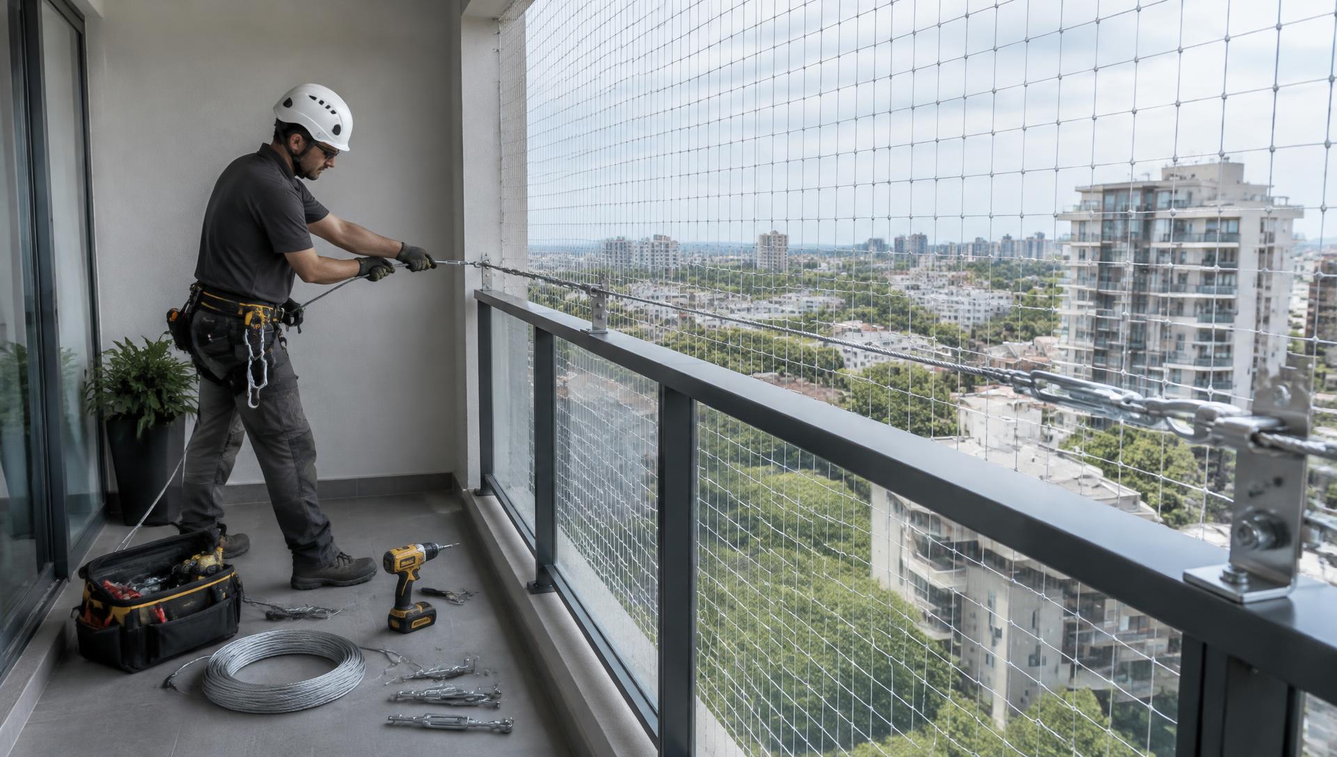 Técnico instalando una malla de seguridad en el balcón de un departamento